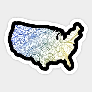 Colorful mandala art map of the United States of America in blue and yellow on white background Sticker